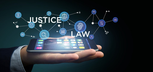 Businessman holding Cloud of justice and law icon bubble with data 3d rendering