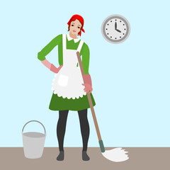 young woman cleaning lady, dressed in a green dress and white apron, stands and holds a mop brush in her hands, beside her is a bucket and clock, vector color illustration