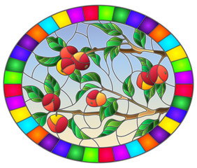 Illustration in the style of a stained glass window with the branches of Apple trees , the fruit branches and leaves against the sky,oval image in bright frame 