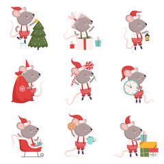 Collection of Cute Mouse in Christmas Santa Claus Costume with Gift Boxes, Cute Small Rodent Animal Character in Different Situations, Symbol of 2020 Year Vector Illustration