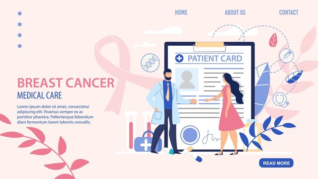Flat Landing Page for Ontological Online Service. Breast Cancer Awareness, Early Detection and Healthcare. Woman at Doctor Appointment. Huge Patient Card. Medical Care. Vector Cartoon Illustration