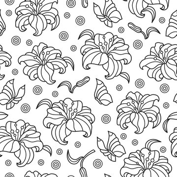 Seamless pattern with lilies and butterflies, dark contoured flowers and butterflies on white background