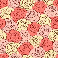 Vector illustration. Flowers roses, red, pink, yellow and white buds. Buds of roses in a seamless pattern. Silhouette of a rose.