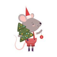 Cute Mouse in Christmas Santa Claus Costume Holding Fir Tree and Bauble, Cute Small Rodent Animal Character, Symbol of 2020 Year Vector Illustration