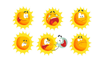 Cartoon Sun Expressing Different Emotions Vector Set