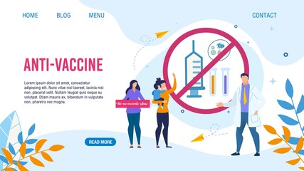 Flat Landing Page with Anti-Vaccination Design. Cartoon Women with Children Demonstrating Against Kids Immunization. Doctor Insisting on Need for Preventive Medicine. Vector Illustration