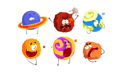Funny Planets and Asteroids of Solar System Vector Set