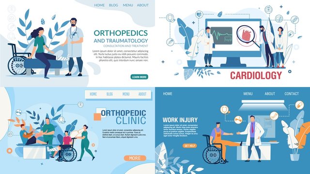 Medical Flat Landing Page Design Templates Set. Online Medicine, Health Insurance, Therapy. Orthopedic Clinic Services, Work Injury Treatment, Cardiology Department. Vector Cartoon Illustration