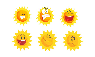 Cartoon Sun Expressing Different Emotions Vector Set - obrazy, fototapety, plakaty
