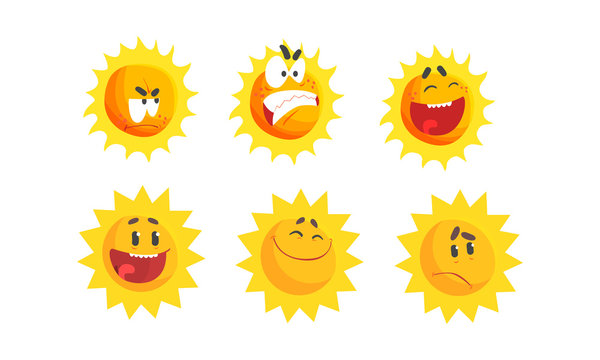 Cartoon Sun Expressing Different Emotions Vector Set