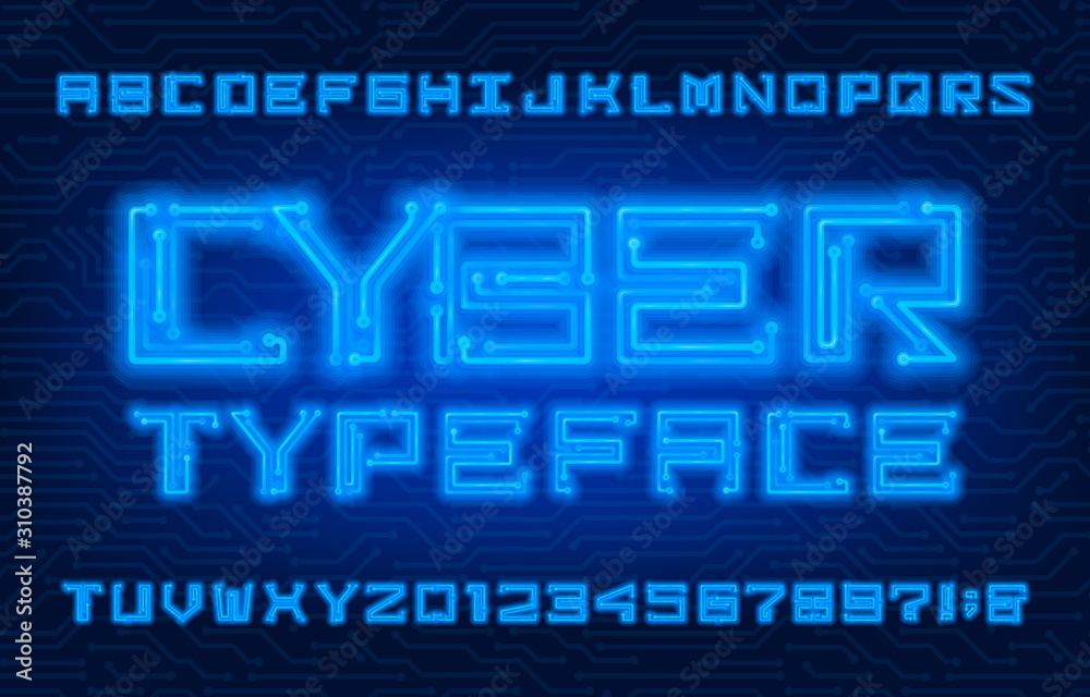 Fototapete cyber alphabet font. neon color letters and numbers. stock vector circuit board typescript.