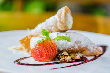 Close up shot of Tasty dessert with fresh strawberry mint
