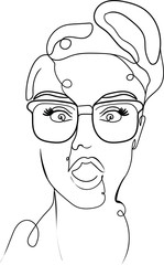 Abstract portrait woman with glasses, continuous line , pop art . Vector isolated illustration on white background . Concept for print , wed design , cards 
