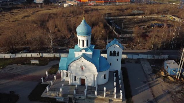 Aerial: Orthodox Church of Nativity of the Blessed Virgin Mary, Govorovo, Moscow, Russia. Circle reveal shot