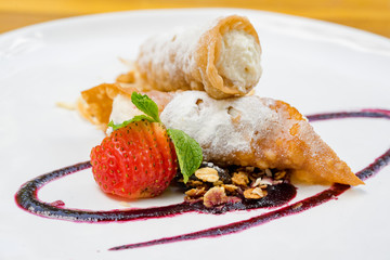 Close up shot of Tasty dessert with fresh strawberry mint