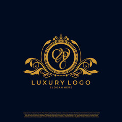 Logo Initial letter CP luxury vector mark, gold color elegant classical symmetric curves decor.