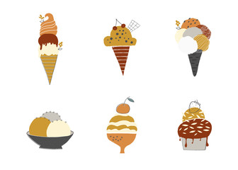 Tasty ice cream in waffle cones and cups. Vector set of isolated illustrations.