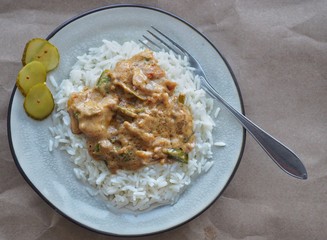 rice with chicken stew and vegetables
