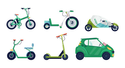 Set of modern electric urban transport: bicycle, scooter, bicycle, electric car, hoverboard, segway. Ecological alternative transport vector illustration isolated © Idey