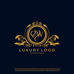 Logo Initial letter CW luxury vector mark, gold color elegant classical symmetric curves decor.