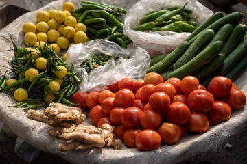 Variety of fresh vegetables for sale at a market stall along Chadi Chowk in Delhi India