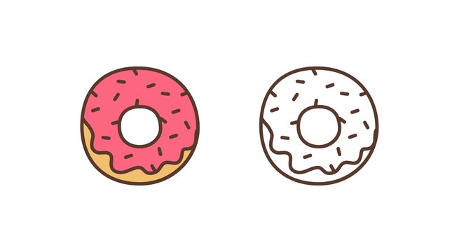 Delicious doughnut linear vector icon. Sweet glazed donut with sprinkles outline illustration. Pastry shop, bakery, confectionery logotype design element. Tasty baking isolated on white background.