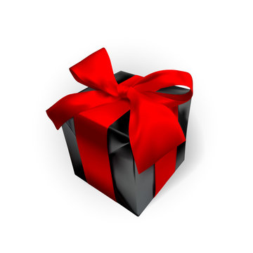 Realistic gift box with red bow isolated on gray background. Vector illustration