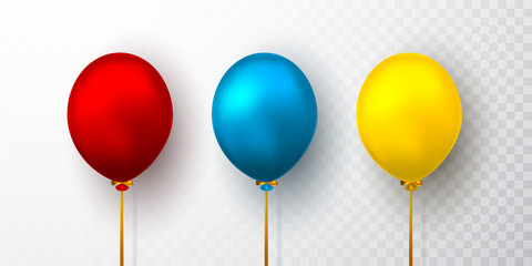 Realistic yellow, red and blue balloons on transparent background with shadow. Shine helium balloon for wedding, Birthday, parties. Festival decoration. Vector illustration