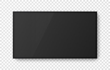 Realistic black television screen on transparent background. Mockup of computer monitor display. 3d TV led monitor. Vector illustration