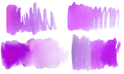 Set of watercolor brush stroke, stain, splatter. Isolated real aquarelle stains for your design in violet color