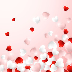 Happy Valentines Day background, flying red, pink and white hearts. Vector illustration