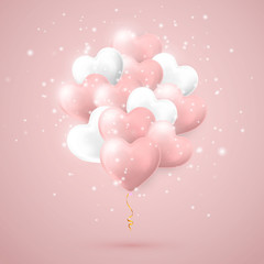 Happy Valentines Day background, flying bunch of pink and white helium balloon in form of heart. Vector illustration