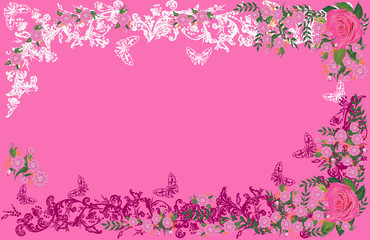 roses and small flowers in frame on pink background