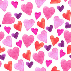 Seamless pattern with hand-drawn watercolor hearts on a white background. Valentine's day texture for design of wrapping paper, postcards, fabric and other souvenir products