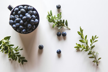 Blueberry explosion. Photo of blueberry in cup on white table. Top view. Healthy food, health