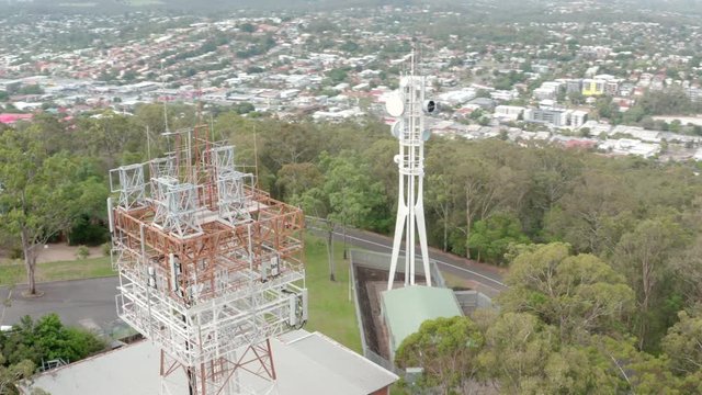 A drone shot of a tower on Mt Gravatt, Brisbane.