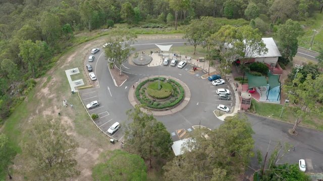 A drone shot of Mt Gravatt Lookout cafe and parking area, Brisbane.