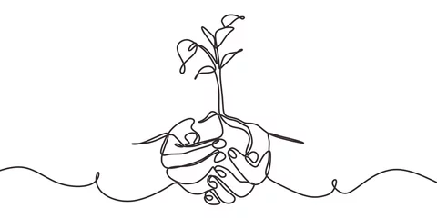 Crédence de cuisine en verre imprimé Une ligne Dessin continu d& 39 une ligne sur le thème du retour à la nature avec les mains tenant une plante. Concept de croissance et d& 39 amour de la terre.