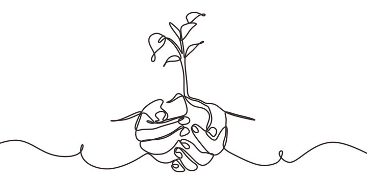 Continuous one line drawing of back to nature theme with hands holding a plant. Concept of growing and love earth.