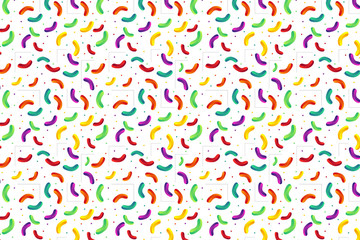 Festival oval, circle and line pattern with colorful confetti. Repeating shape on white background. 