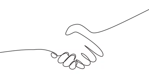 Photo sur Plexiglas Une ligne Un dessin au trait de poignée de main. Concept de poignée de main de deux personnes.