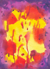 The background is painted with watercolor paint.Bright red drops and smudges on a yellow background with purple.