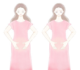 お腹に手を当てる女性　表情別