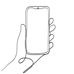 Hand Holding Mobile Phone Line Art Vector Illustration. Isolated on White Background.