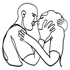 Passionate Young Couple Kissing. Minimalist Style Line Art Vector Illustration Isolated on White Background.