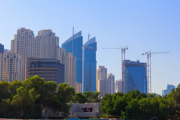 Fototapeta premium background, cityscape, view of the towers of the Dubai Marina area, in Dubai, United Arab Emirates