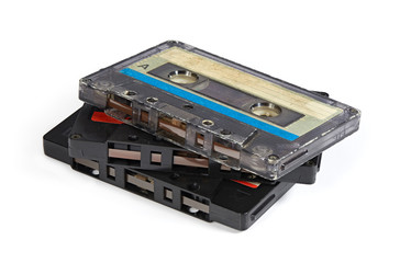 Stack of an old audio tape compact cassettes isolated