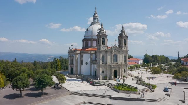 Aerial orbit of front of Sanctuary of Sameiro church, Braga Portugal