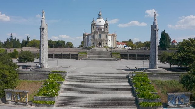 Aerial push in to front of Sanctuary of Our Lady of Sameiro church
