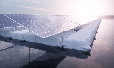 A closeup picture of a floating array of solar panels installed on a white pontoon in a magical purple morning light setting with a distant foggy forest in the background. 3D render. © malp